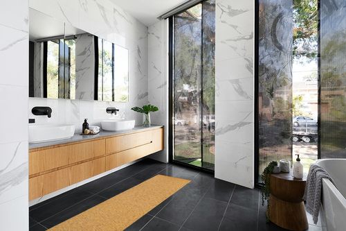 Lahome Kitchen Runner, 2x6 Handwoven Reversible Washable Rug Hallway Runner, Yellow Cotton Farmhouse Low Pile Bathroom Rug Long Carpet for Laundry Room Sink Doorway Decor in Modern Black Tiled bathroom