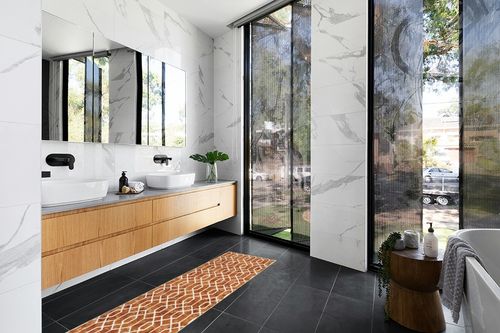 Lahome Carpet Runner Geometric Washable Runner Rug, 2x6 Kitchen Runner with Rubber Backing Distressed Trellis Entry Rug, Geometric Soft Low Pile Fall Rug Runners for Hallways Fall Decor in Modern Black Tiled bathroom