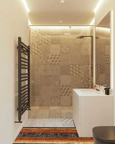Home Dynamix Royalty Vega Contemporary Geometric Runner Area Rug, Black/Brown, 1'9"x7'2" in White Tiled Bathroom
