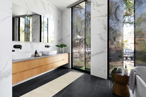 Nourison Essentials Solid Contemporary Ivory Beige, Runner Rug, 2'2" x 7'6" in Modern Black Tiled bathroom