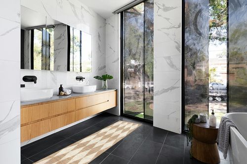 Rugs USA x Arvin Olano Louie Diamond Checkerboard Jute Area Rug, 2' x 8', Natural in Modern Black Tiled bathroom