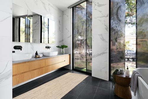 nuLOOM Elijah Farmhouse Seagrass Runner Rug, 2' 6" x 8', Brown in Modern Black Tiled bathroom