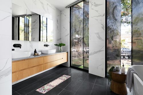 Kitchen Mats Runner for Hallways,Boho Abstract Floral Print Bohemian Pink Green Washable Non Skid Rubber Dots Rug for Laundry Room,Bathroom,Washroom 15.7x47.2inch in Modern Black Tiled bathroom