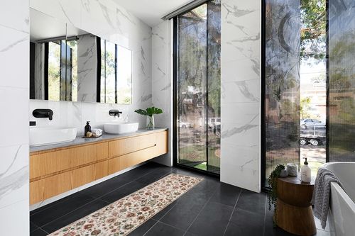 Lanffia Bohemian Floral Hallway Runner Rug - 2x8 Indoor Washable Rug Vintage Faux Wool Non-Slip Low-Pile Floor Carpet for Bedroom Bathroom Entrance Living Laundry Room, White in Modern Black Tiled bathroom