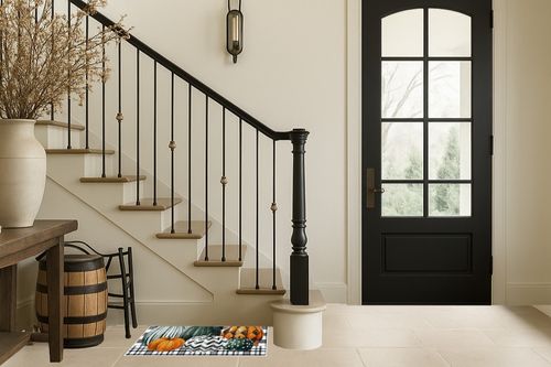 ASPMIZ Halloween Door Mat Outdoor, Autumn Buffalo Plaid Door Mat, Striped Pumpkin Area Rug Doormat Non Slip, Low-Profile Door Rugs for Entryway, Patio, Halloween Fall Decorations, Gift, 18 x 30 Inch in Foyer with Stairs