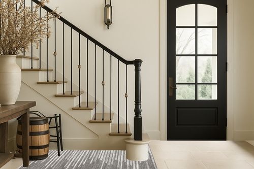 JONATHAN Y MOH205B-4 Aya Berber Stripe Geometric Indoor Farmhouse Area-Rug Bohemian Minimalistic Striped Easy-Cleaning Bedroom Kitchen Living Room Non Shedding, 4 X 6, Gray,Cream in Foyer with Stairs