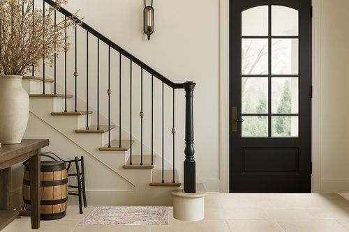 ‎Beige/Multi ‎Transitional ‎Braided ‎Living Room ‎Area Rug in Foyer with Stairs