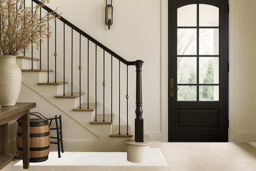 Geometric Shag Diamond High-Low Pile Textured Indoor Runner Rug in Foyer with Stairs