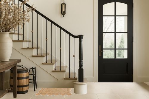 Weaving Village Scalloped Natural Jute Area Rug, Colored Trim in Foyer with Stairs