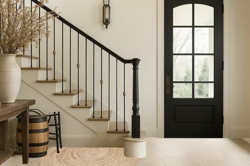 nuLOOM Rigo Hand Woven Farmhouse Jute Area Rug, 5' Round, Natural in Foyer with Stairs