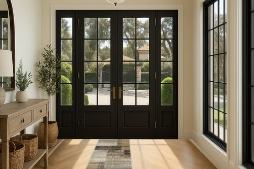 HomeRoots 8' Beige Charcoal Brown Grey Tan Gold and Blue Geometric Power Loom Runner Rug with Fringe in Traditional Elevated Foyer