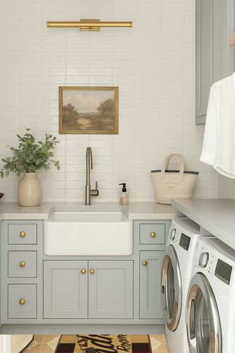 Ottomanson Machine Washable Checkered Border Laundry Room Rug Non-Slip Rubberback 2x5 Laundry Runner Rug for Laundry Room, Bathroom, Washroom, 20" x 59", Multicolor in Blue Laundry Room