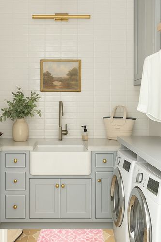 Pink Bathroom Runner Rug in Blue Laundry Room