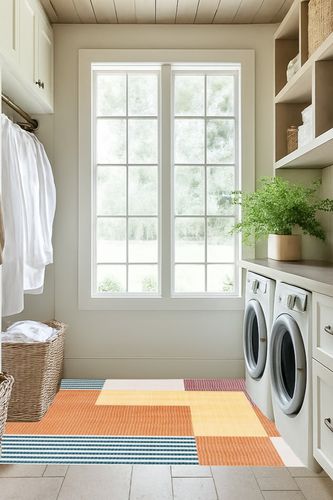 SAFAVIEH Orwell Collection Area Rug - 8' x 10', Rust & Yellow, Mid-Century Modern Abstract Design, Non-Shedding & Easy Care, Ideal for High Traffic Areas in Living Room, Bedroom (ORW368P) in Natural Laundry Room