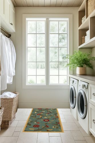 ‎Floral Seafoam ‎Contemporary ‎Non Slip ‎Laundry Room, Bathroom, Kitchen, Living Room, Hallway ‎Runner in Natural Laundry Room