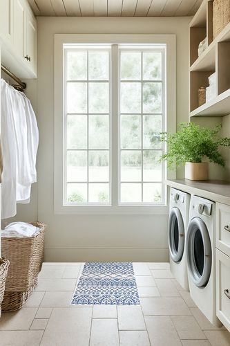 Moroccan Hype Boho Vintage Tribal Cream/Blue 2 ft. x 8 ft. Runner Rug in Natural Laundry Room