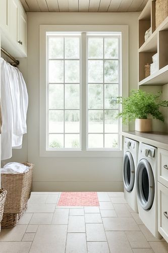 Pink Bathroom Runner Rug in Natural Laundry Room