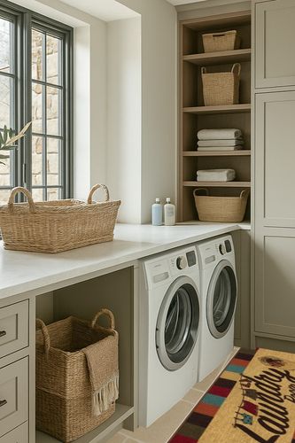 Ottomanson Machine Washable Checkered Border Laundry Room Rug Non-Slip Rubberback 2x5 Laundry Runner Rug for Laundry Room, Bathroom, Washroom, 20" x 59", Multicolor in Sage Green Laundry Room