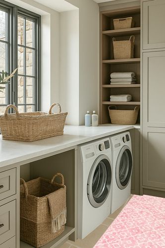 Pink Bathroom Runner Rug in Sage Green Laundry Room