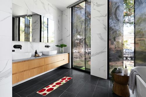 Magstonee Non-Slip Rubber Backing Kitchen Rugs 3 Piece Carpet Doormat Rug Sets (3pcs) in Modern Black Tiled bathroom