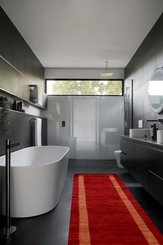 Rug Source Modern Collection Size 3x10 Modern Gabbeh Runner Rug, Hand-Knotted/Hand-Woven Red Geometric Rug, Oriental Wool Carpet for Foyer, Entryway, Hallway in Black Modern Bathroom