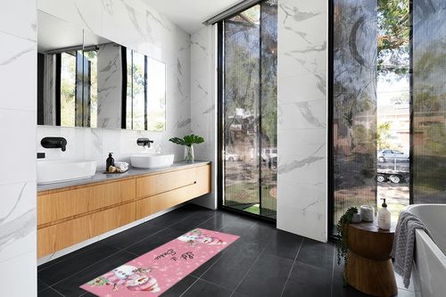 Kitchen Rugs Long Floor Door Mats Absorbent Entryway Rug Winter Christmas Snowman Bird Indoor Carpet Non-Slip Area Runner,White Snowflake on Pink Entrance Doormat for Bedroom Bathroom in Modern Black Tiled bathroom