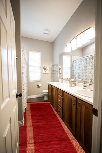 Rug Source Modern Collection Size 3x10 Modern Gabbeh Runner Rug, Hand-Knotted/Hand-Woven Red Geometric Rug, Oriental Wool Carpet for Foyer, Entryway, Hallway in Wooden and Grey Bathroom