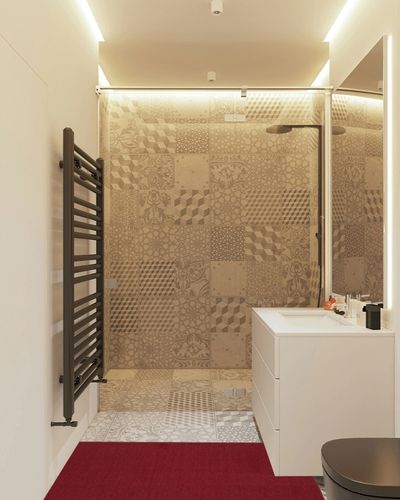 Sweet Home Stores SH Collection Solid Rubberback Indoor Runner Rug, 20" x 59", Red in White Tiled Bathroom