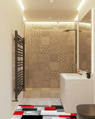 Hallway Runner Rug,Abstract 3D Geometric Pattern Square Red Black Gray Non Slip Water Absorbent Rug Indoor Entrance Floor Mat Runner for Home Garage Kitchen Laundry 18x59in in White Tiled Bathroom