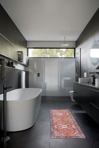 Toneed Washable Runner Rug, 2 x 6 Feet Rug with Rubber Backing Non Slip Vintage Carpet for Bedroom Living Room Kitchen Entryway Bathroom Laundry Decor - Red in Black Modern Bathroom