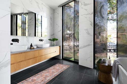 Lahome Vintage Washable Runner Rug - 2x6 Rug Runners for Hallways 6 Feet Geometric Non-Slip Kitchen Runner Rug Ultra-Thin Bathroom Runner Rugs for Entryway Laundry Bedroom (2x6ft,Orange) in Modern Black Tiled bathroom