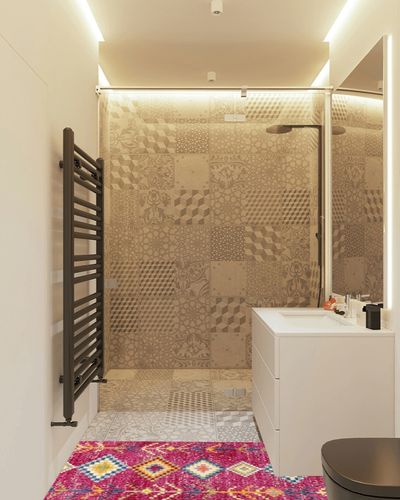 Eyely HOM105B-28 Moroccan Hype Tribal Love Geometric Indoor Runner Rug Bohemian;Country & Floral;Southwestern, Bedroom, Kitchen, Living Room, Easy-Cleaning, Non-Shedding, 2 X 8, Pink/Multi in White Tiled Bathroom