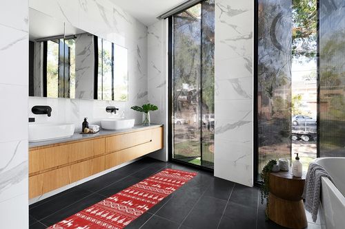 GAOMON Runner Rugs for Hallway 2x8 Kitchen Mat Christmas Room Decor Washable Rugs Bathroom Rugs Non Slip Bohemian Rug Low Pile Runner Rug for Living Room 2'x8' Red 3 in Modern Black Tiled bathroom