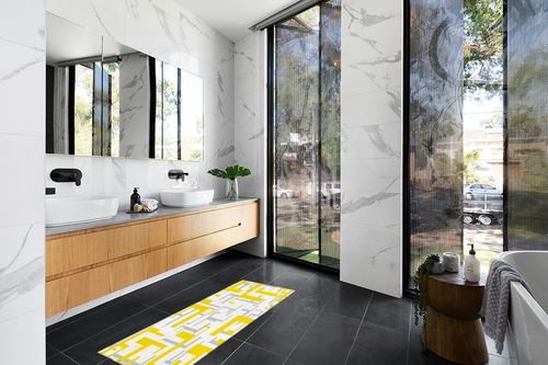 Hallway Runner Rug,Modern Geometric Pattern Yellow Gray White Non Slip Water Absorbent Rug Indoor Entrance Floor Mat Runner for Home Garage Kitchen Laundry 18x59in in Modern Black Tiled bathroom
