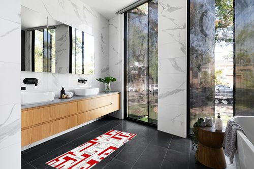 Hallway Runner Rug,Mid Century Geometric Pattern Red Gray White Modern Art Christmas Non Slip Water Absorbent Rug Indoor Entrance Floor Mat Runner for Home Garage Kitchen Laundry 19.7x63in in Modern Black Tiled bathroom