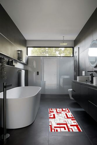 Hallway Runner Rug,Mid Century Geometric Pattern Red Gray White Modern Art Christmas Non Slip Water Absorbent Rug Indoor Entrance Floor Mat Runner for Home Garage Kitchen Laundry 19.7x63in in Black Modern Bathroom