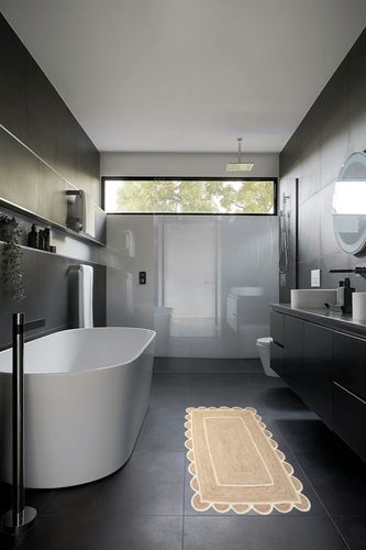 Gautam International Scallop Pattern Jute Bohemian Area Rug (2'x6', Off White) in Black Modern Bathroom