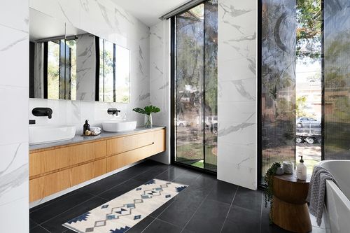 Rug Branch Savannah Contemporary Boho Blue Beige Indoor Doormat Rug for Living ... in Modern Black Tiled bathroom