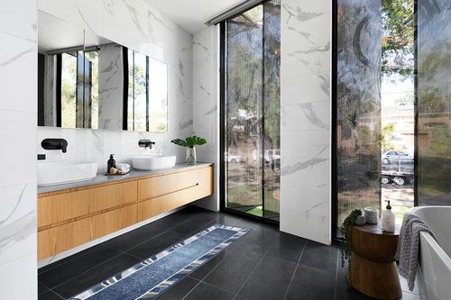 Blue/Gray Contemporary Fade Resistant, Stain Resistant Kitchen, Bedroom, Living Room, Home Office, Dining Room Runner in Modern Black Tiled bathroom