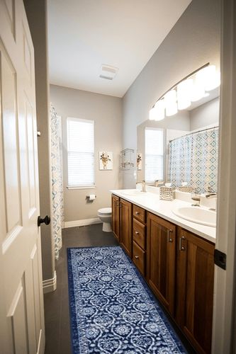 Blue  Non-slip, Low Pile Living Room Area Rug in Wooden and Grey Bathroom