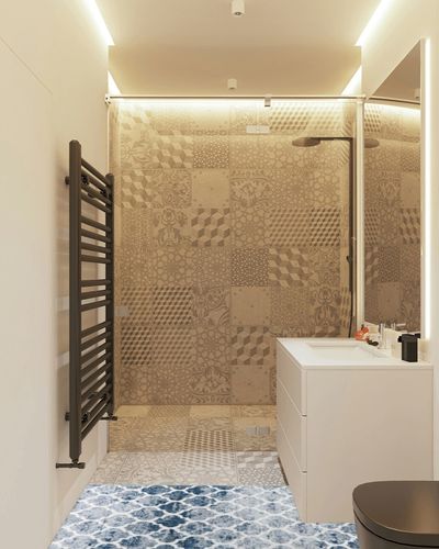 Lahome Moroccan Washable Runner Rug - 2x6 Rug Runners for Hallways 6 Feet Non Slip Geometric Trellis Kitchen Runner Rug Ultra-Thin Bathroom Runner Rugs for Entryway Laundry Bedroom (2x6ft,Blue) in White Tiled Bathroom