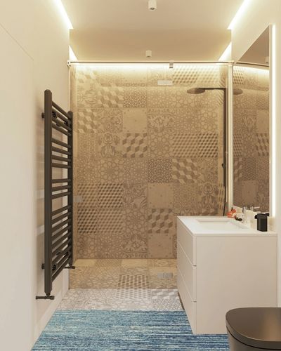 Nourison Passion Abstract Navy/Light Blue 2'2" x 7'6" Area -Rug, Easy -Cleaning, Non Shedding, Bed Room, Living Room, Dining Room, Kitchen (2x8) in White Tiled Bathroom