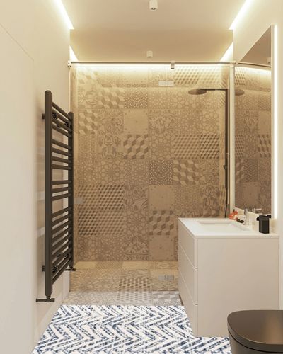 nuLOOM Rosanne Transitional Striped Runner Rug, 2' 6" x 10', Blue in White Tiled Bathroom