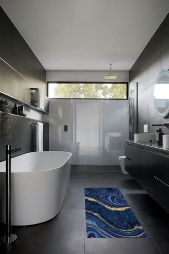 Nordic Navy Blue Gold Marble Area Rug, Luxury Abstract Stain Print Carpet, Indoor Non-Slip Kids Rugs, Machine Washable Breathable Durable Carpet for Front Entrance Floor Decor,2 x 6ft in Black Modern Bathroom