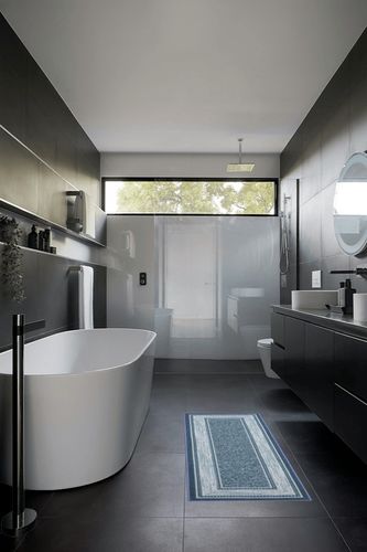 Machine Washable Bordered Design Non-Slip Rubberback 2x5 Traditional Runner Rug for Hallway, Kitchen, Bedroom, Entryway, 20" x 59", Blue in Black Modern Bathroom