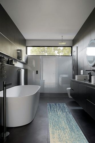 Nourison Passion Abstract Navy/Light Blue 2'2" x 7'6" Area -Rug, Easy -Cleaning, Non Shedding, Bed Room, Living Room, Dining Room, Kitchen (2x8) in Black Modern Bathroom