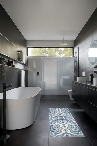 ‎Blue ‎Carpet ‎Non Slip, Fade Resistant, Washable, Durable, Stain Resistant ‎Hallway ‎Runner in Black Modern Bathroom