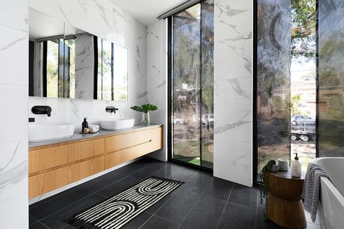 Lanffia Boho Kitchen Runner 2x5, Black and White Washable Rug Geometric Rainbow Tufted Hallway Runner Rug with Tassels Minimalist Cotton Accent Rug for Living Room Bedroom Laundry Room Bathroom Porch in Modern Black Tiled bathroom