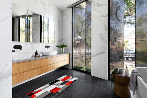 Hallway Runner Rug,Abstract 3D Geometric Pattern Square Red Black Gray Non Slip Water Absorbent Rug Indoor Entrance Floor Mat Runner for Home Garage Kitchen Laundry 18x59in in Modern Black Tiled bathroom