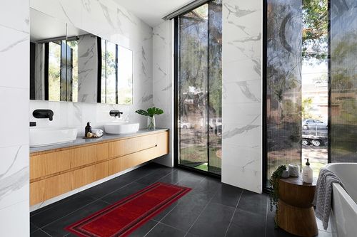 Antep Rugs Alfombras Bordered Modern 2x5 Non-Slip (Non-Skid) Low Pile Rubber Backing Kitchen Area Runner Rug (Maroon Red, 2' x 5') in Modern Black Tiled bathroom